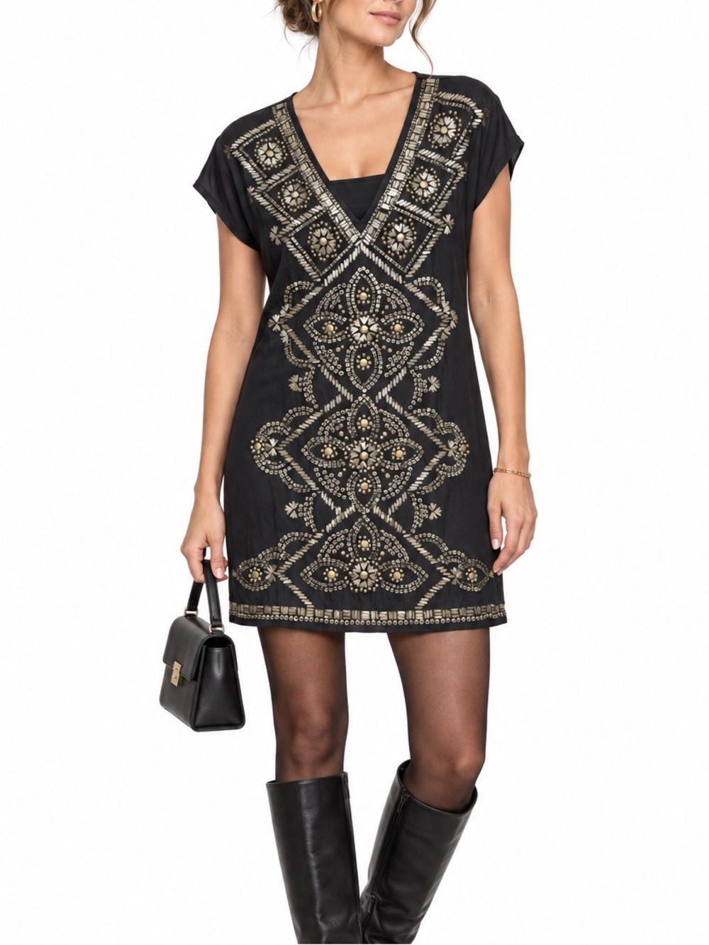 Hale Bob 100% Silk Black Embellished Boho Shift Mini Dress Tunic Size L